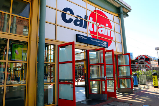 San Francisco, California &ndash; October 23, 2023: San Francisco Caltrain train Station. Caltrain is a California commuter rail line serving the San Francisco Peninsula and Santa Clara Valley