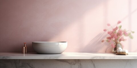 Obraz na płótnie Canvas Blurry bathroom background + pink marble table = empty product display concept.