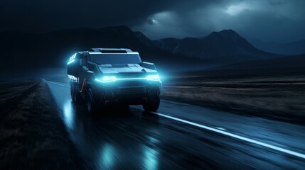 Electric car SUV night road. Neural network AI generated art