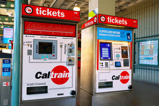 San Francisco, California &ndash; October 23, 2023: Caltrain Tickets Machines at San Francisco Caltrain rail Station. The Caltrain rail line serving the San Francisco Peninsula and Santa Clara Valley