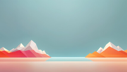Abstract landscape with snow-capped orange and pink mountains against a blue sky in a minimalist style