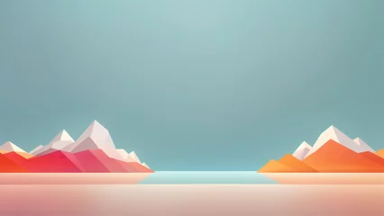 Wall murals Mountains Abstract landscape with snow-capped orange and pink mountains against a blue sky in a minimalist style