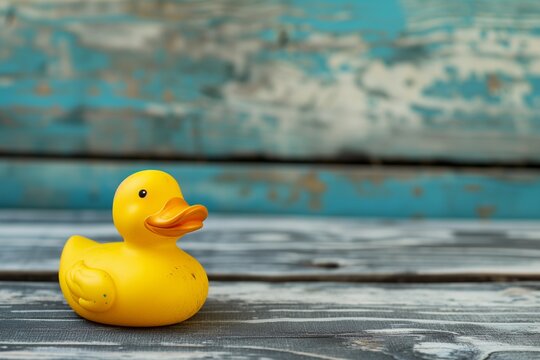 Yellow Rubber Duck on Weathered Wooden Surface
