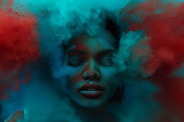 Abstract Woman's Face in Red and Blue Smoke - obrazy, fototapety, plakaty