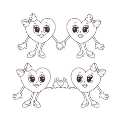 Groovy retro cartoon heart characters. Outline hearts, coloring book. Valentines day, love couple. Vector illustration