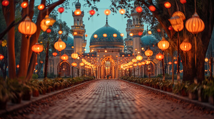 A mosque illuminated with lights and lanterns during the evening of Eid Mubarak