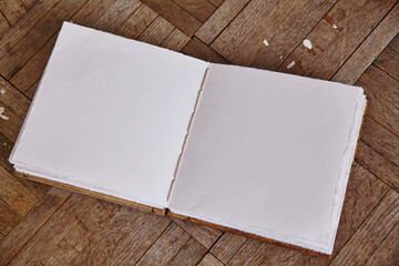 Artisanal Blank Book on Herringbone Wood, Top View