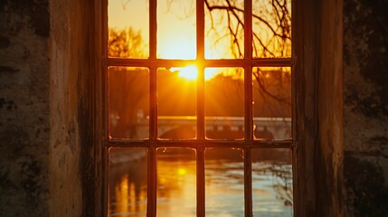 Golden Sunset View through a Window of Elegance
