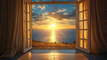 Golden Sunset View through a Window of Elegance