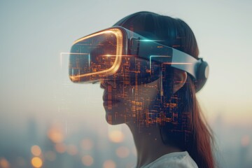 Young woman immersed in a virtual cityscape, VR technology merging with reality. Female exploring digital urban skyline through VR headset at dusk.