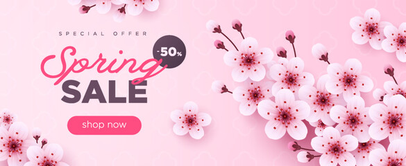 Spring sale long pink banner with cherry blossom - obrazy, fototapety, plakaty