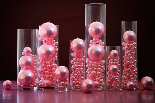  a group of glass vases filled with pink pearls and pearls on the bottom of each of the vases are filled with pink pearls and pearls on the bottom of the vase.