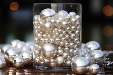  a glass filled with white balls sitting on top of a wooden table next to another glass filled with white balls on top of a wooden table next to another glass filled with silver balls.