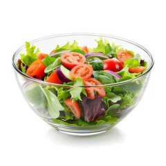 Glass transparent bowl of fresh garden salad isolated on white background