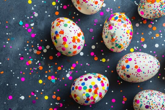 Colourful easter eggs filled with confetti. Food art decoration in Hispanic culture. Tradicional cascarones on dark, subtle colours.