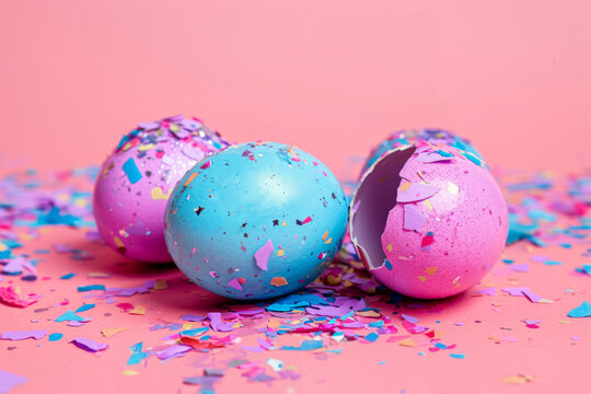 Colourful easter eggs filled with confetti. Food art decoration in Hispanic culture. Tradicional cascarones on pastel, subtle colours.