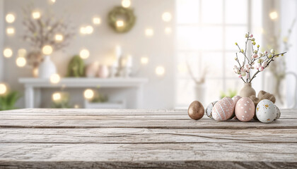 Holztisch mit Osterdeko f&uuml;r Produktplatzierung oder Montage mit Fokus auf die Tischplatte, unscharfer Bokeh-Hintergrund in der Wohnung