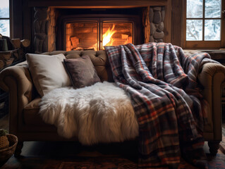 Blanket and soft pillows on the sofa in winter in the living room with a fireplace background