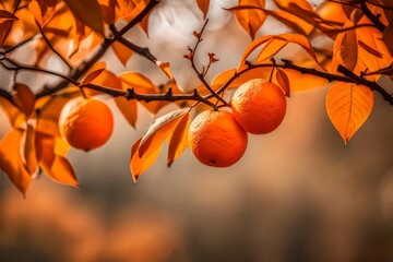 A closeup orange hanging from a branch. The orange, kissed by the golden hour sunlight, exudes a juicy freshness