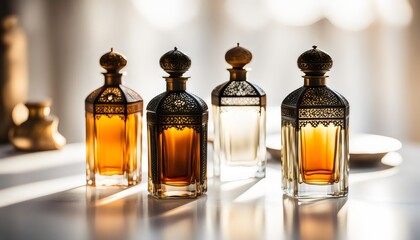 Perfume bottle mockup - luxury glass perfume or scent bottle mock up isolated. Creative illustration. - obrazy, fototapety, plakaty