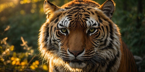 Fototapeta premium Emerald fire in the Siberian dusk: A tiger's piercing gaze ignites awe in this capture. Golden sunlight paints its regal form, commanding respect and admiration.
