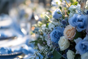  a close up of a bouquet of flowers with blue and white flowers on a table with plates and silverware in the background and a blurry light in the background.