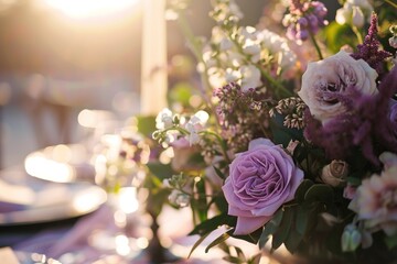  a close up of a vase of flowers on a table with a plate on the side of the vase and a plate on the other side of the vase on the table.