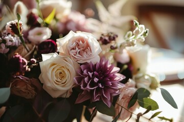  a bouquet of flowers sitting on top of a table next to a vase with purple and white flowers in it and greenery on the side of the table top of the vase.