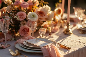  a close up of a table with place settings and a bouquet of flowers on the side of the table with candles and napkins on the side of the table.