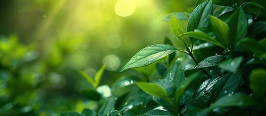 Fresh green leaves in garden at summertime on natural blur background. Generate AI image