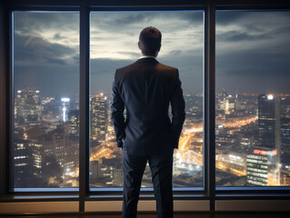 Portrait businessman looking at the glass and looking at the city night sky on back view