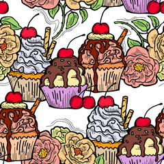 Tasty sweet cupcake dessert decorative seamless pattern for textile design, fabric print, digital or wrapping paper, wallpaper, background and backdrop, bakery shop decoration, cafe, restaurant menu.