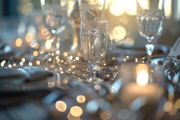  a close up of a table with a number of glasses and silverware on top of a table with a lot of lights in the background and a blurry light on the table.