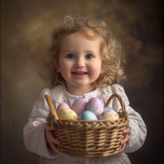 Fototapeta na wymiar happy little girl holding easter basket full of painted eggs