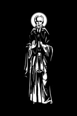 Traditional orthodox image of Saint Petrit Korishes. Christian antique illustration black and white in Byzantine style