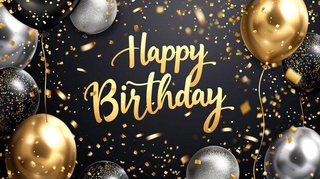 happy birthday card background, gold birthday wallpaper, illustration, balloons, gift, celebration