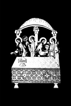 Traditional orthodox image of Eucharist. The Lord's Supper. Christian antique illustration black and white in Byzantine style