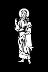 Traditional orthodox image of Jeremiah weeping prophet. Christian antique illustration black and white in Byzantine style