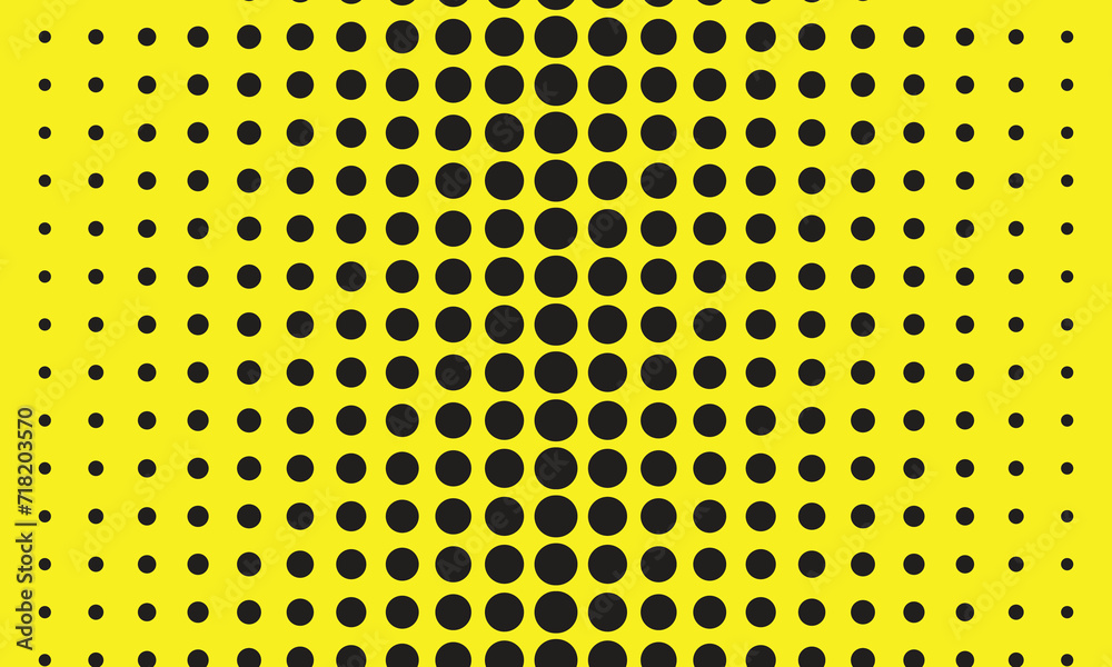 Poster abstract repeatable big to small black halftone dot pattern on yellow.