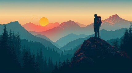 Mountain Trek at Sunset - Digital Art - Travel Poster