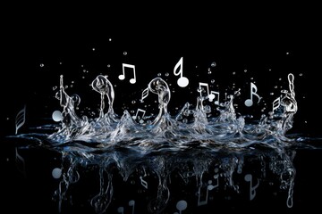  a splash of water with musical notes coming out of it and water splashing on top of the water and on the bottom of the water is a black background. - obrazy, fototapety, plakaty