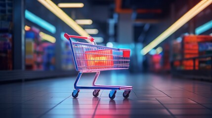 Supermarket aisle with empty red shopping cart with customer defocus background. Neural network AI generated art