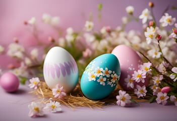 Fototapeta na wymiar Colorful Easter eggs decorated with flowers on a pastel background with spring blossoms. Easter concept.
