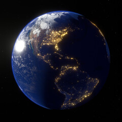 Western hemisphere at night from space with brightly lit cities and sunset, Motion of the sun along the edge of the Earth at night, 3D rendering - 718204140