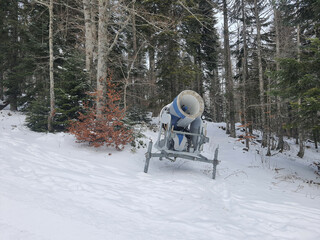 Machines for snow making and artificial snow on the ski resort