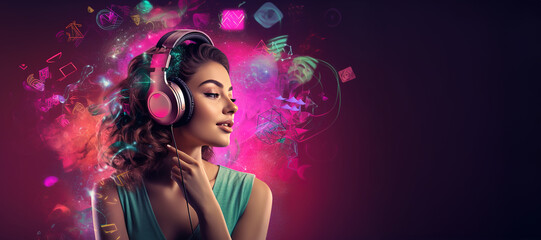 Klangvolle Musik Zukunft: Eine Frau taucht ein in die vielseitige Welt der KI-gesteuerten Unterhaltung mit Kopfhörern und Innovation