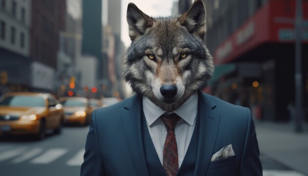the wolf man, dressed in a dark blue suit and red tie. businessman on wall street. concept for king of marketing and broker, advertising or artistic purposes.