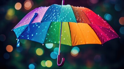 raindrops falling on an umbrella adorned with rainbow colors, showcasing the vibrant beauty of a rainy day