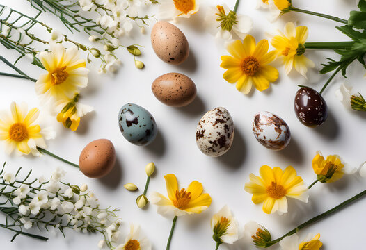 Speckled eggs and yellow flowers on white background, symbolizing spring or Easter. Top view.