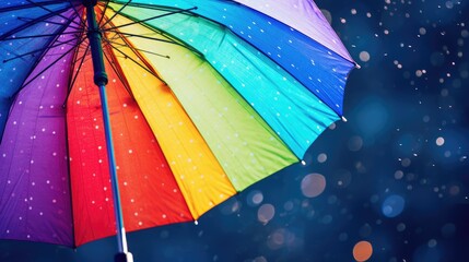 raindrops falling on an umbrella adorned with rainbow colors, showcasing the vibrant beauty of a rainy day